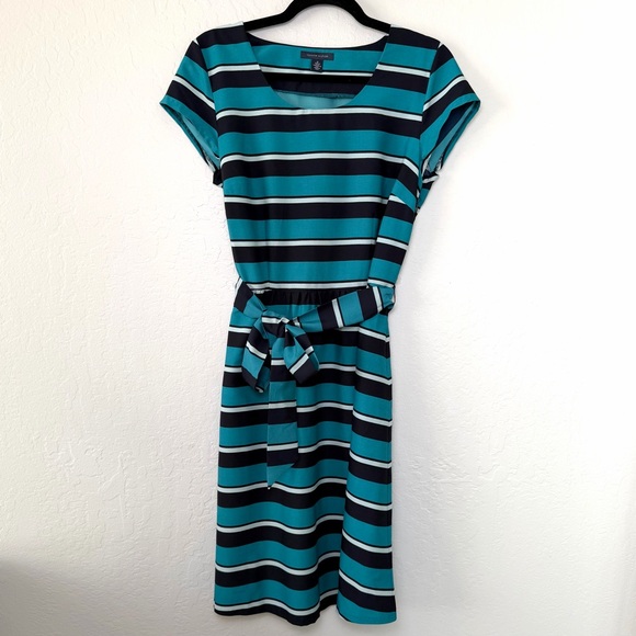 Tommy Hilfiger Dresses & Skirts - Tommy Hilfiger Teal Black Striped Midi Dress Size Medium Business Casual Preppy